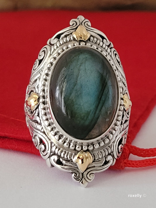 925 Sterling Silver and 18K Solid Gold Labradorite Gemstone Ring Size7!