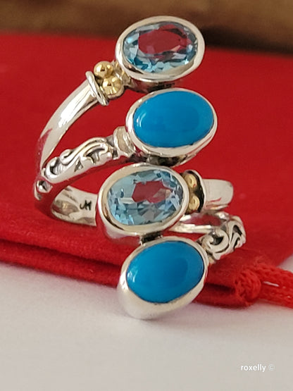 925 Sterling Silver and 18K Yellow Gold Blue Topaz and Turquoise Ring Size 5!