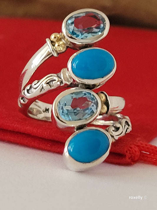 925 Sterling Silver and 18K Yellow Gold Blue Topaz and Turquoise Ring Size 5!