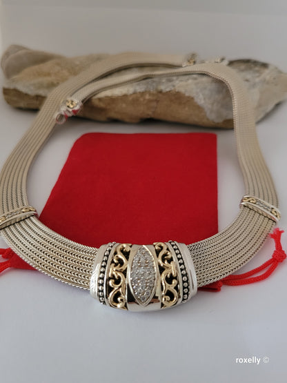 Vintage Gabrielle Bruni Choker Necklace Sterling Silver 14K Solid Gold Diamonds