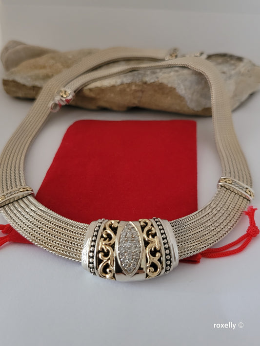 Vintage Gabrielle Bruni Choker Necklace Sterling Silver 14K Solid Gold Diamonds