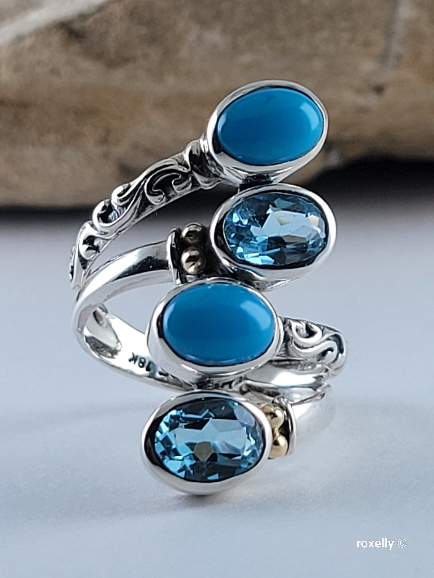 925 Sterling Silver and 18K Yellow Gold Blue Topaz and Turquoise Ring Size 5!