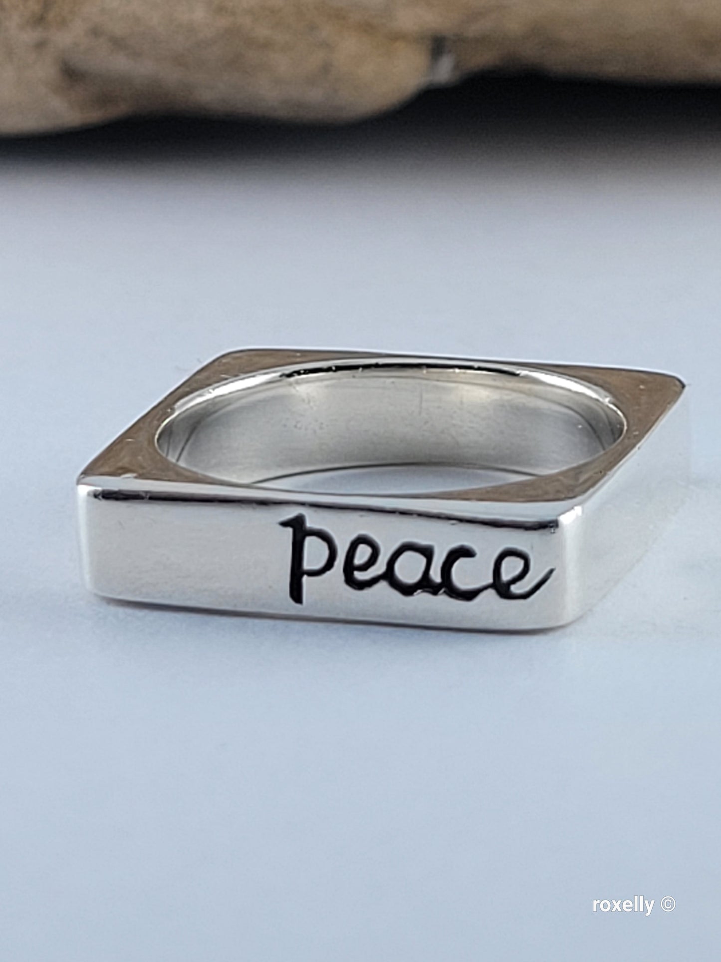 925 Sterling Silver and 14K Solid Gold “Peace” Square Ring Size 6.75