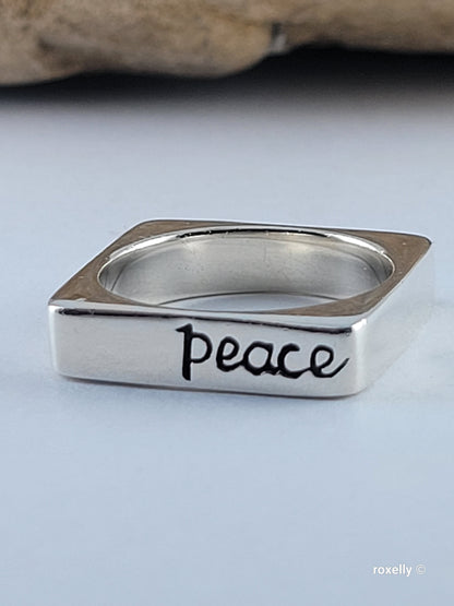 925 Sterling Silver and 14K Solid Gold “Peace” Square Ring Size 6.75
