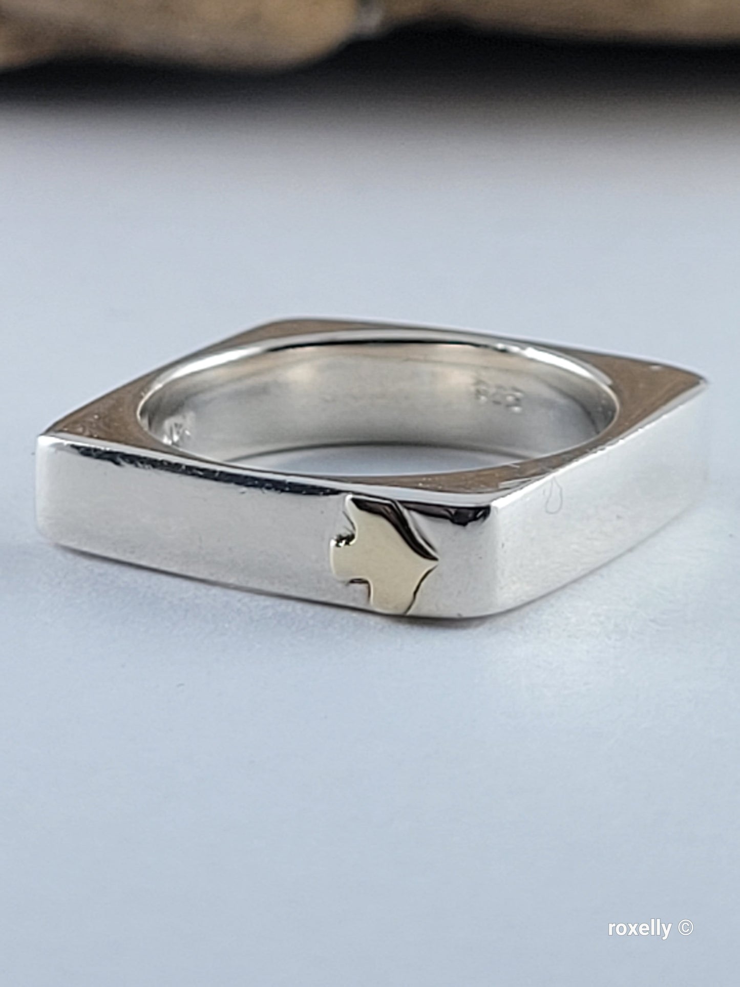 925 Sterling Silver and 14K Solid Gold “Peace” Square Ring Size 6.75