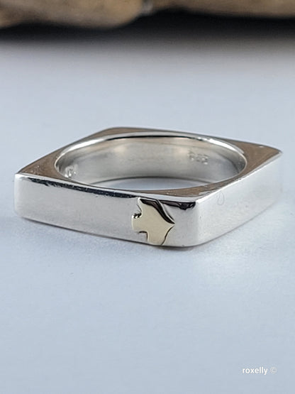 925 Sterling Silver and 14K Solid Gold “Peace” Square Ring Size 6.75