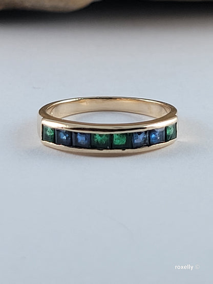 Vintage 14K Yellow Gold Green and Blue Topaz Band Ring Size 5 Solid Gold