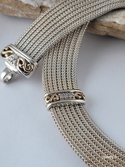 Vintage Gabrielle Bruni Choker Necklace Sterling Silver 14K Solid Gold Diamonds