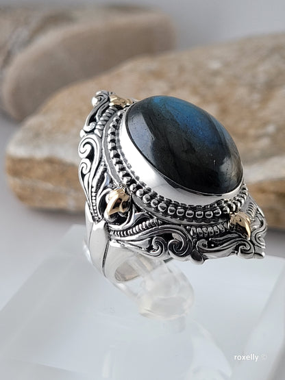 925 Sterling Silver and 18K Solid Gold Labradorite Gemstone Ring Size7!