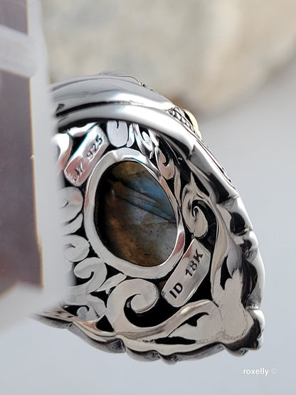 925 Sterling Silver and 18K Solid Gold Labradorite Gemstone Ring Size7!