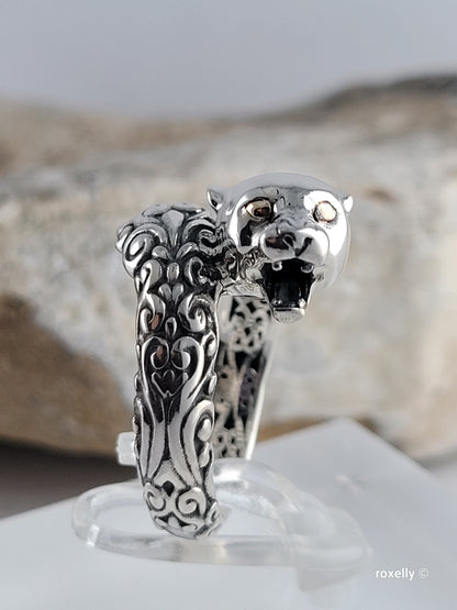 925 Sterling Silver and 18K Yellow Gold Panther Head Design Ring Size 5