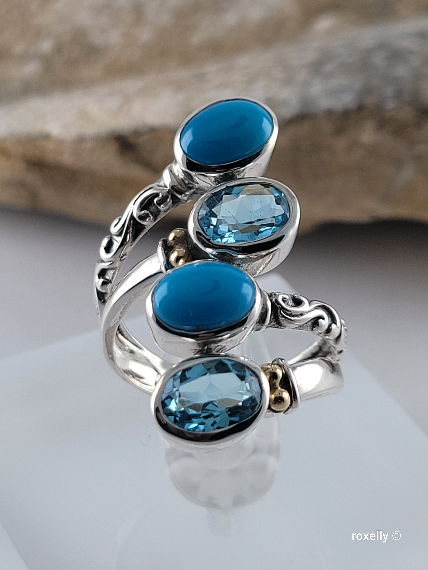 925 Sterling Silver and 18K Yellow Gold Blue Topaz and Turquoise Ring Size 5!