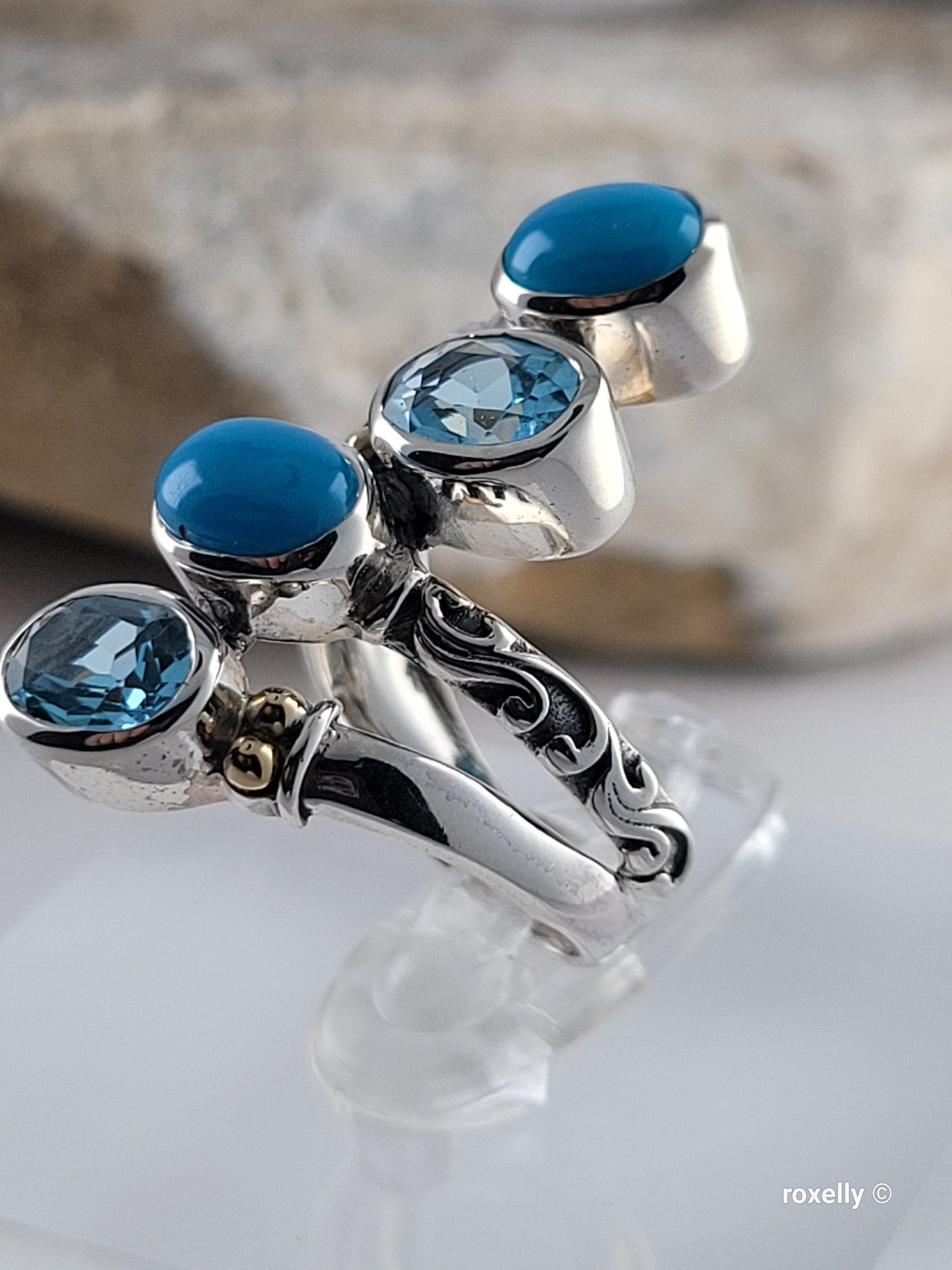 925 Sterling Silver and 18K Yellow Gold Blue Topaz and Turquoise Ring Size 5!