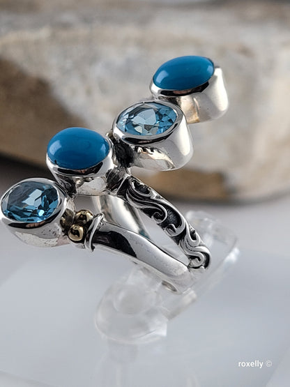 925 Sterling Silver and 18K Yellow Gold Blue Topaz and Turquoise Ring Size 5!