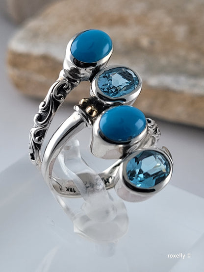 925 Sterling Silver and 18K Yellow Gold Blue Topaz and Turquoise Ring Size 5!