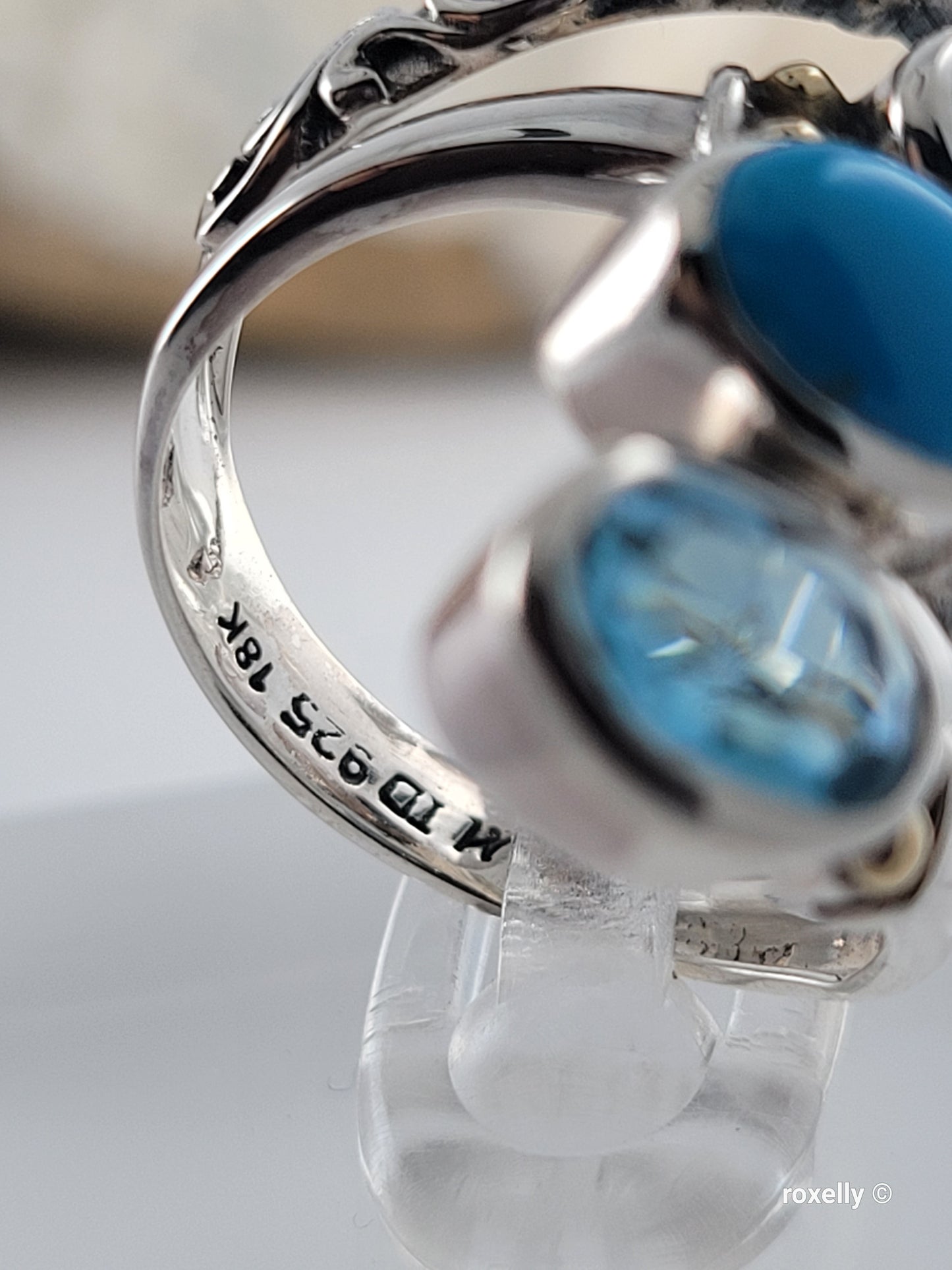 925 Sterling Silver and 18K Yellow Gold Blue Topaz and Turquoise Ring Size 5!
