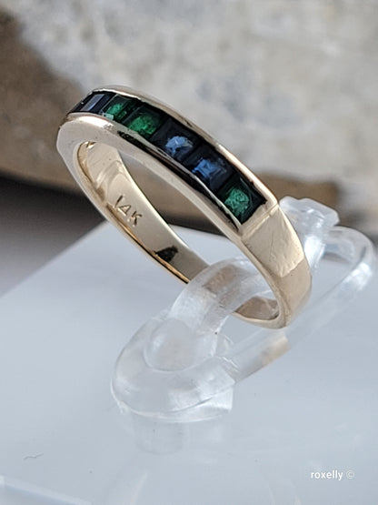 Vintage 14K Yellow Gold Green and Blue Topaz Band Ring Size 5 Solid Gold
