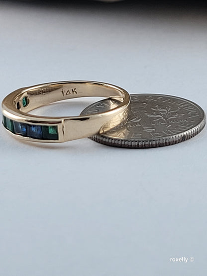 Vintage 14K Yellow Gold Green and Blue Topaz Band Ring Size 5 Solid Gold