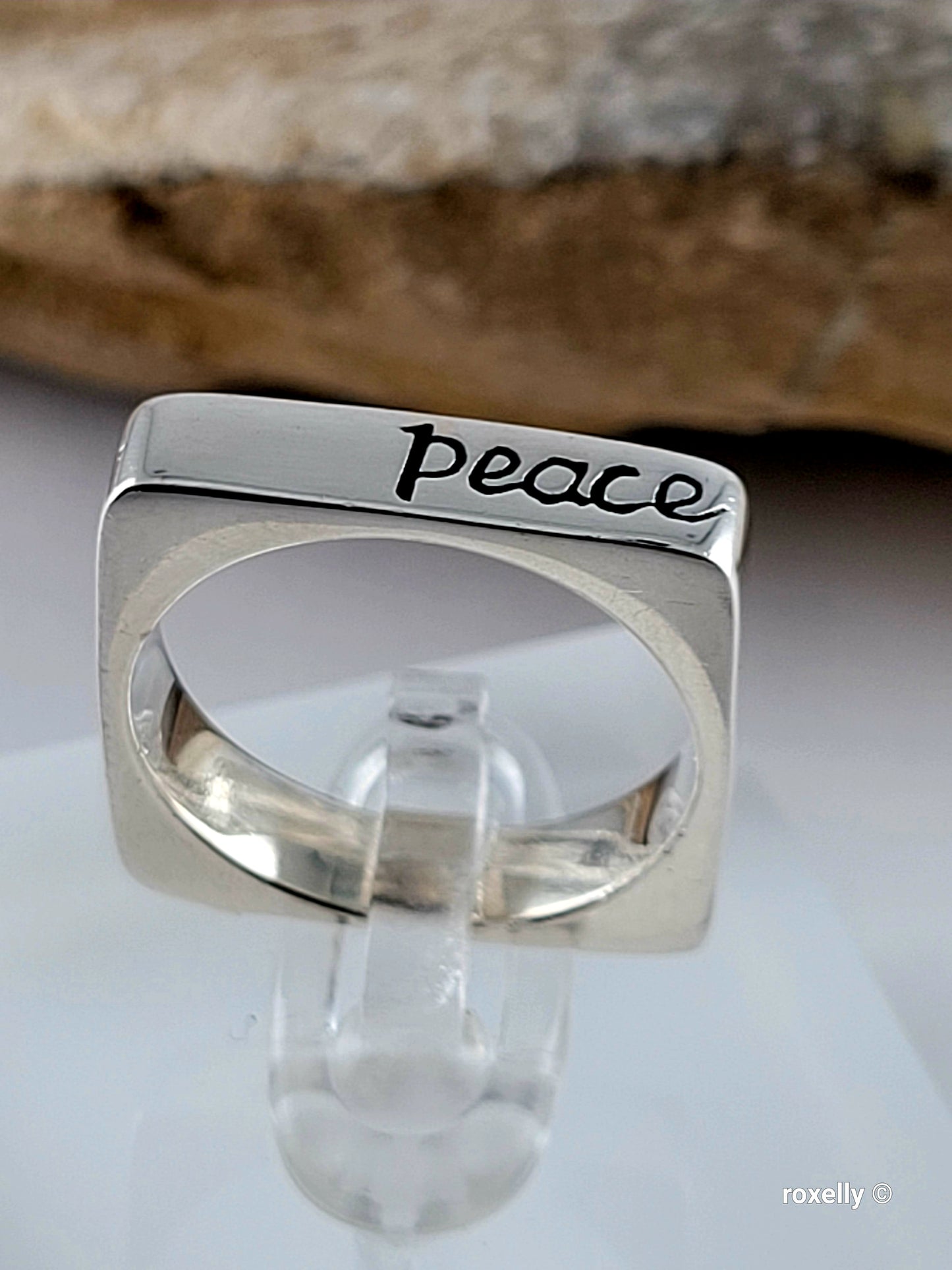 925 Sterling Silver and 14K Solid Gold “Peace” Square Ring Size 6.75
