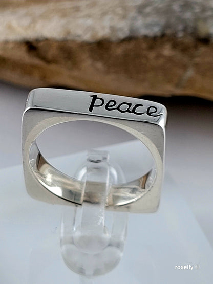 925 Sterling Silver and 14K Solid Gold “Peace” Square Ring Size 6.75