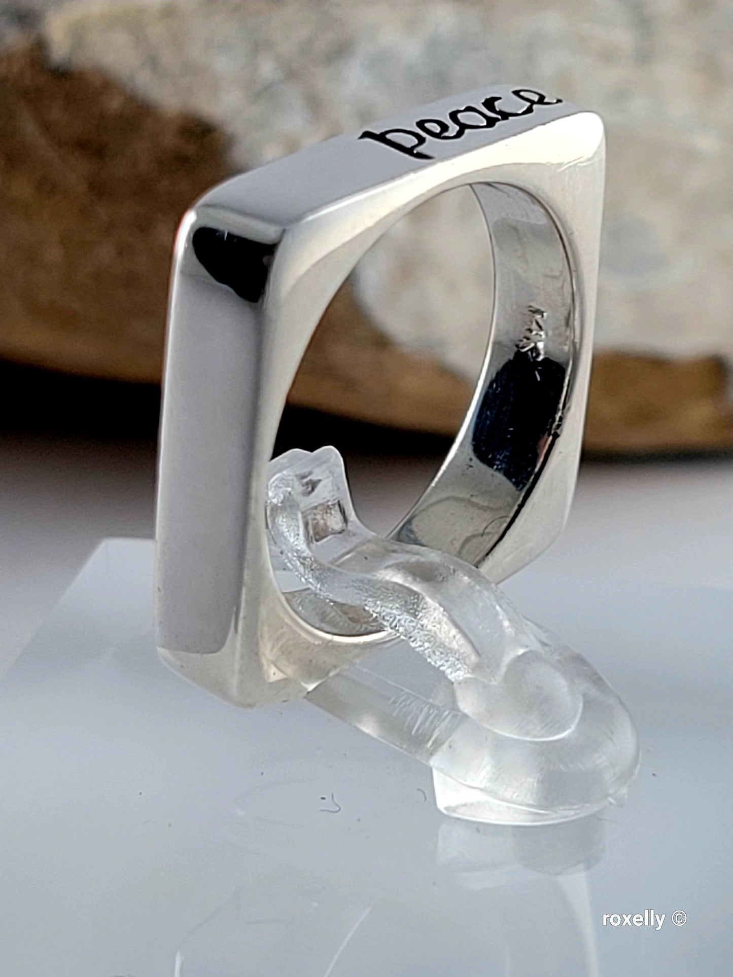 925 Sterling Silver and 14K Solid Gold “Peace” Square Ring Size 6.75