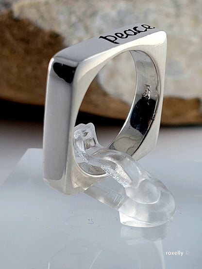925 Sterling Silver and 14K Solid Gold “Peace” Square Ring Size 6.75