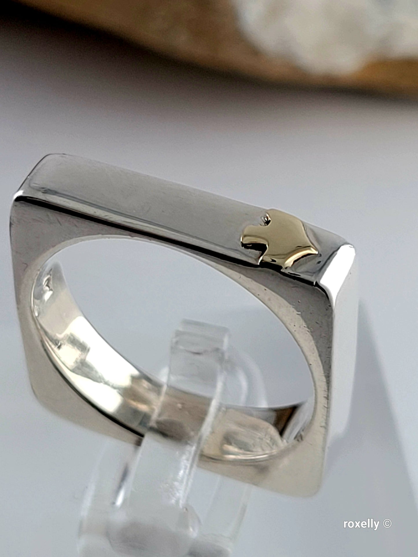 925 Sterling Silver and 14K Solid Gold “Peace” Square Ring Size 6.75