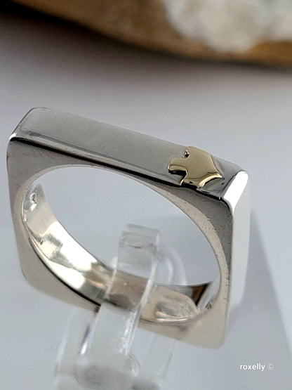 925 Sterling Silver and 14K Solid Gold “Peace” Square Ring Size 6.75