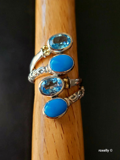 925 Sterling Silver and 18K Yellow Gold Blue Topaz and Turquoise Ring Size 5!