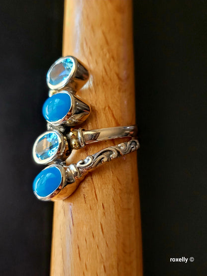 925 Sterling Silver and 18K Yellow Gold Blue Topaz and Turquoise Ring Size 5!