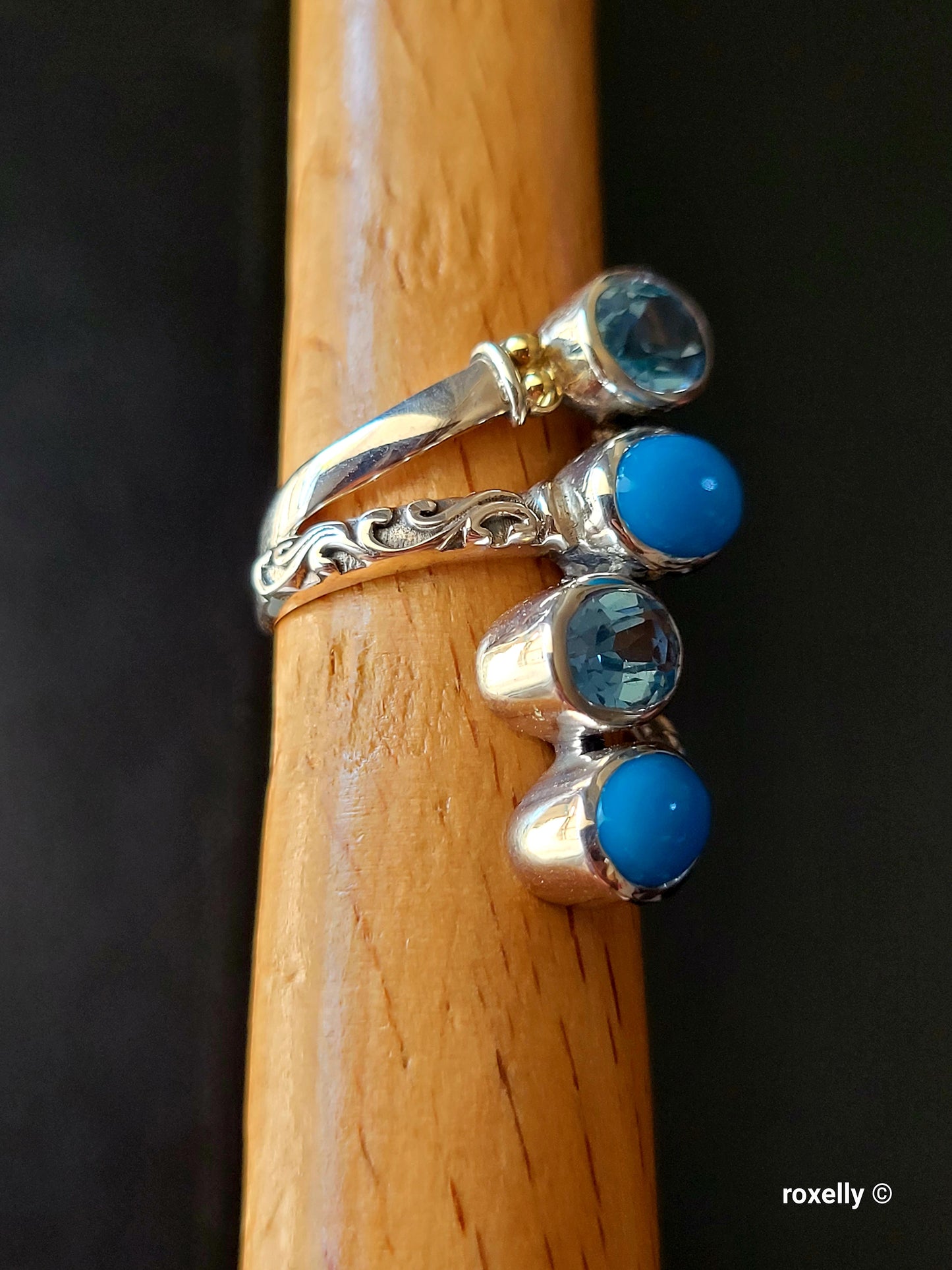 925 Sterling Silver and 18K Yellow Gold Blue Topaz and Turquoise Ring Size 5!