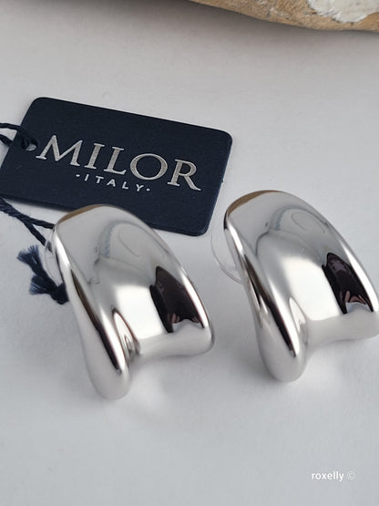 Milor 14K White Gold Over Resin Core Modern Puffy Earrings – Made in Italy