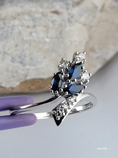 14K White Gold Sapphires and Genuine Diamonds Ring Size 9.25, Solid Gold