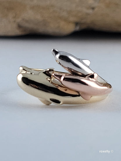 10K Three-Tone Gold Dolphin Design Ring Size 7, Solid Gold