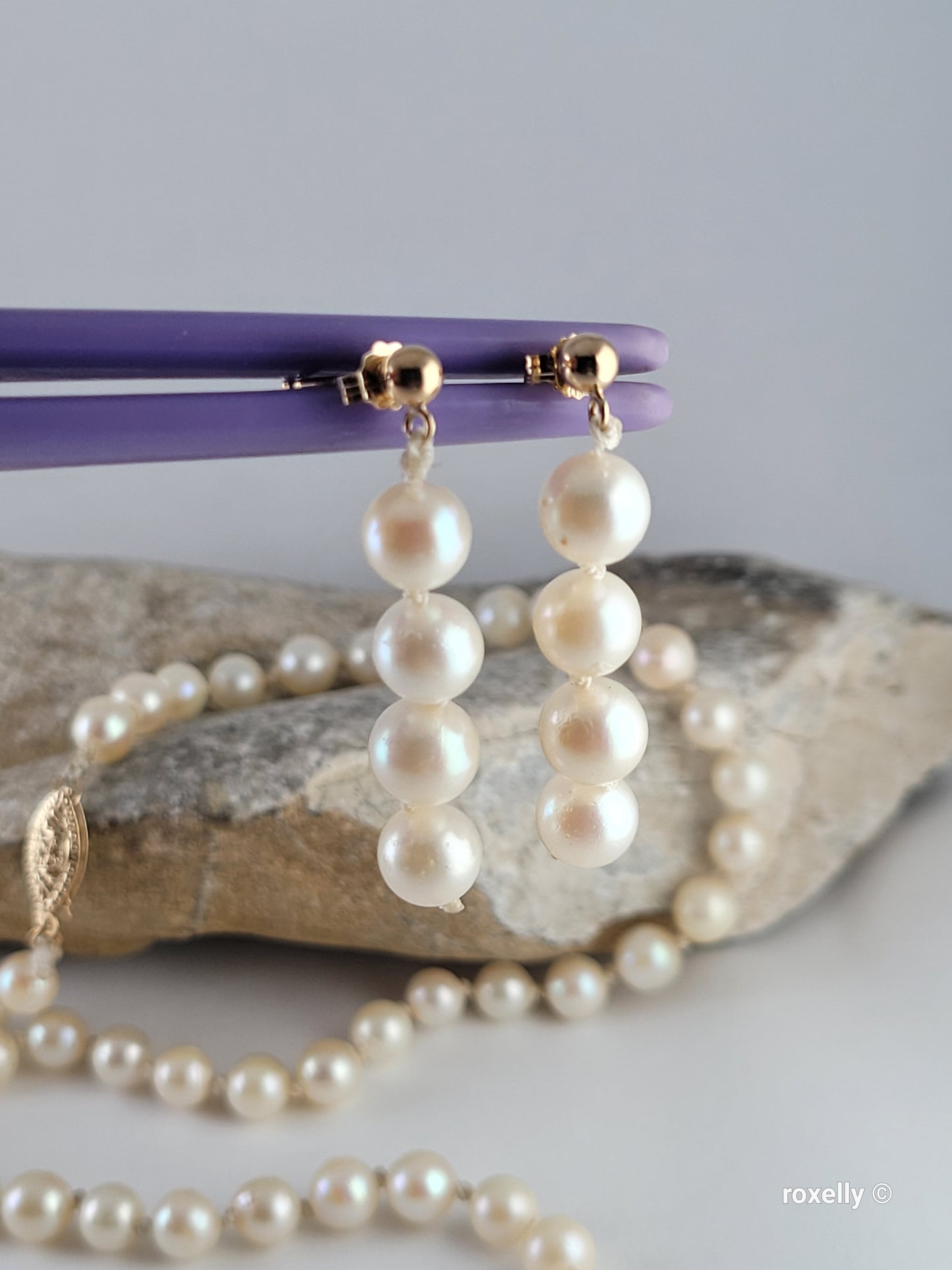 Vintage Freshwater Pearl Necklace & Earrings Set – 14K Yellow Gold Clasp, Posts & Backs