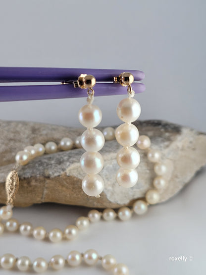 Vintage Freshwater Pearl Necklace & Earrings Set – 14K Yellow Gold Clasp, Posts & Backs