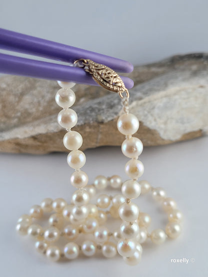Vintage Freshwater Pearl Necklace & Earrings Set – 14K Yellow Gold Clasp, Posts & Backs