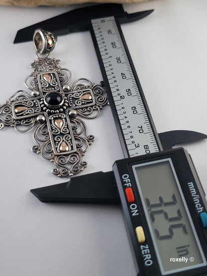 Vintage 925 Sterling Silver and 18K Yellow Gold Black Onyx Filigree Cross Pendant