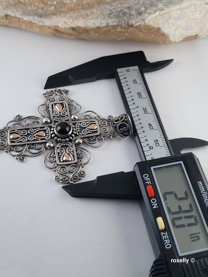 Vintage 925 Sterling Silver and 18K Yellow Gold Black Onyx Filigree Cross Pendant