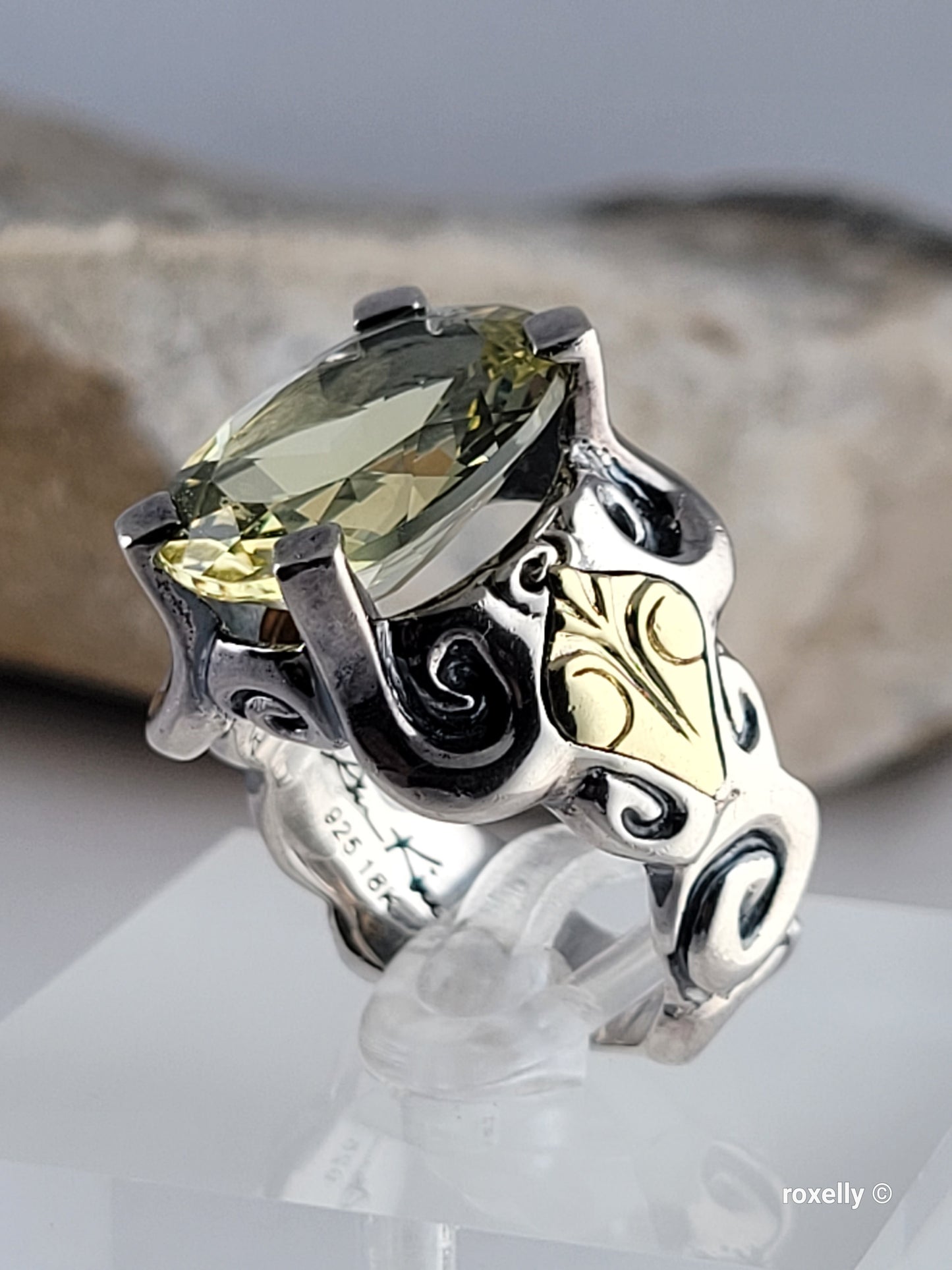 925 Sterling Silver and 18K Solid Gold Green Amethyst Ring Size 7, Made in Thailand