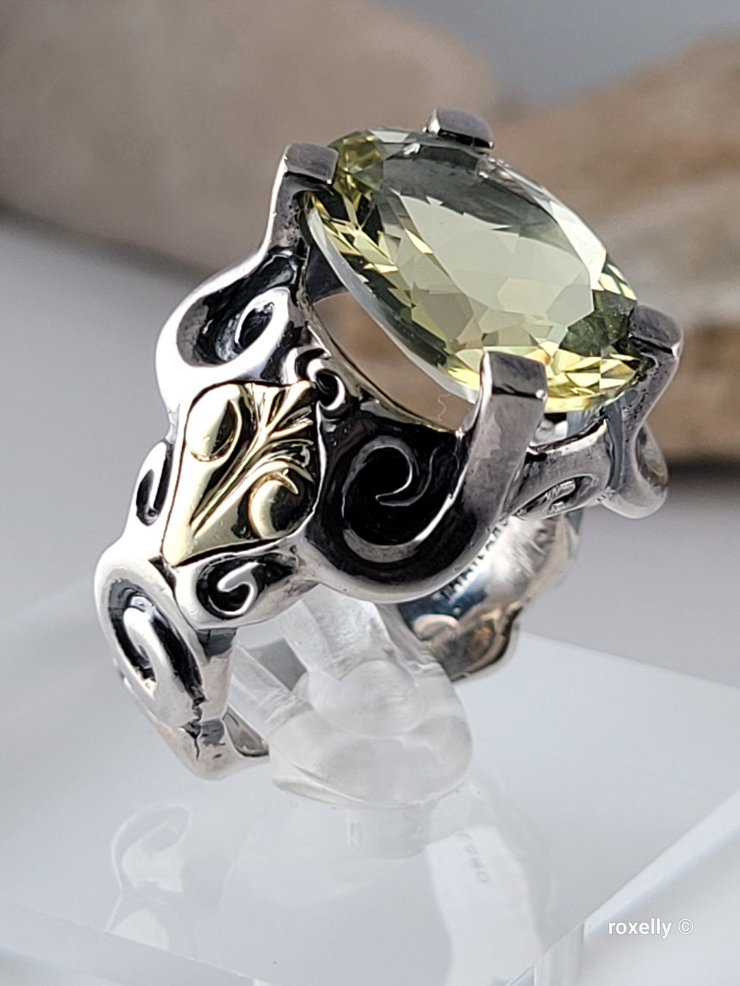 925 Sterling Silver and 18K Solid Gold Green Amethyst Ring Size 7, Made in Thailand