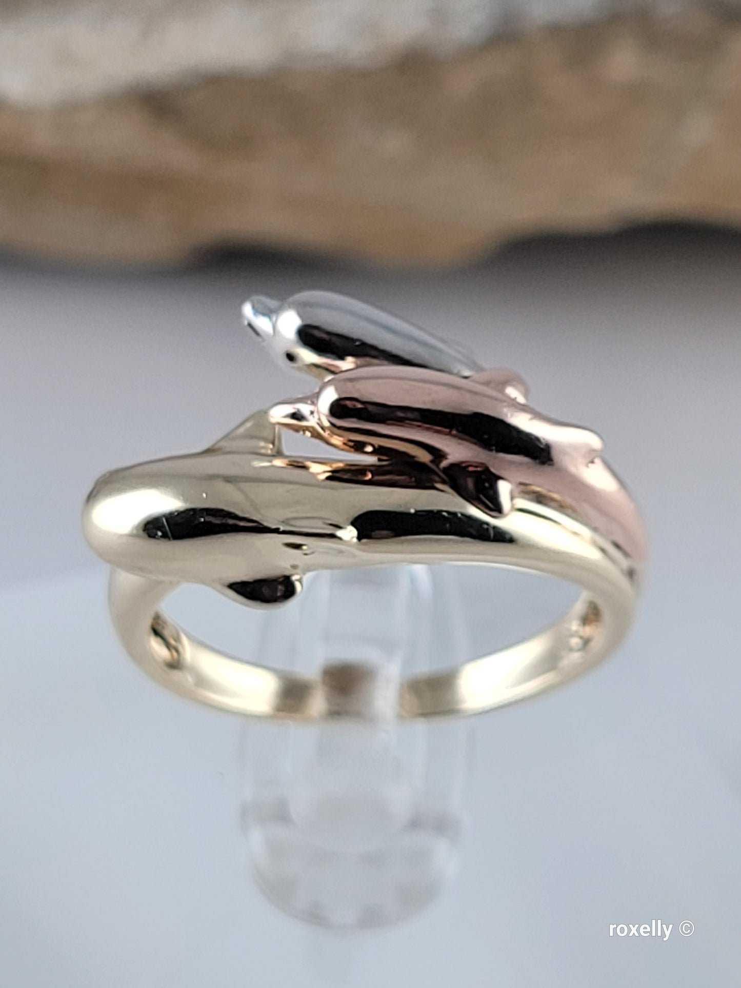 10K Three-Tone Gold Dolphin Design Ring Size 7, Solid Gold