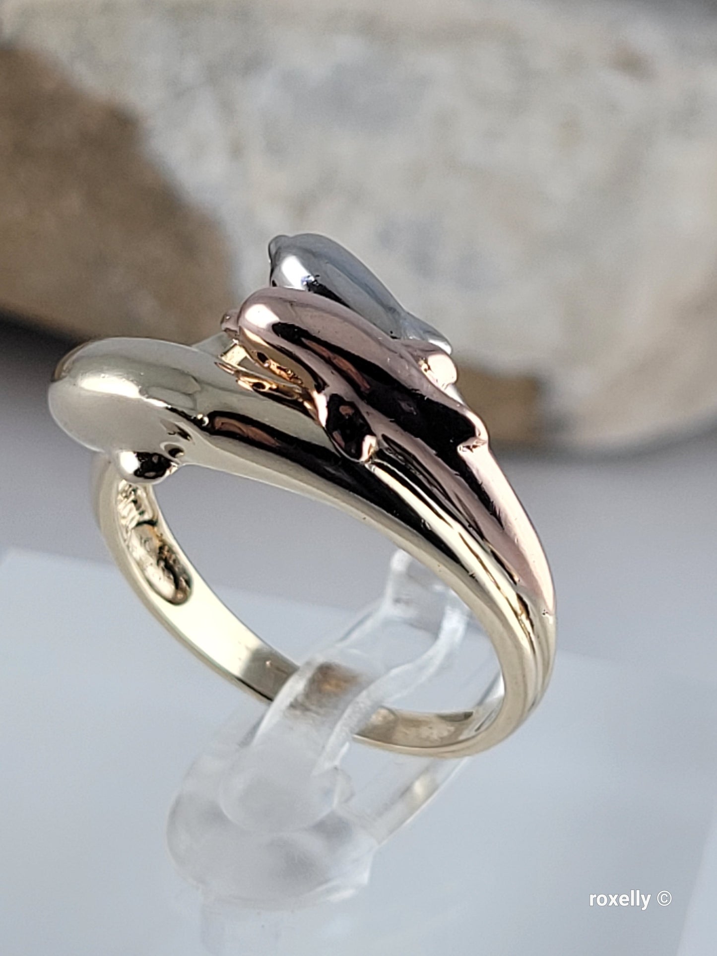 10K Three-Tone Gold Dolphin Design Ring Size 7, Solid Gold