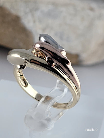 10K Three-Tone Gold Dolphin Design Ring Size 7, Solid Gold