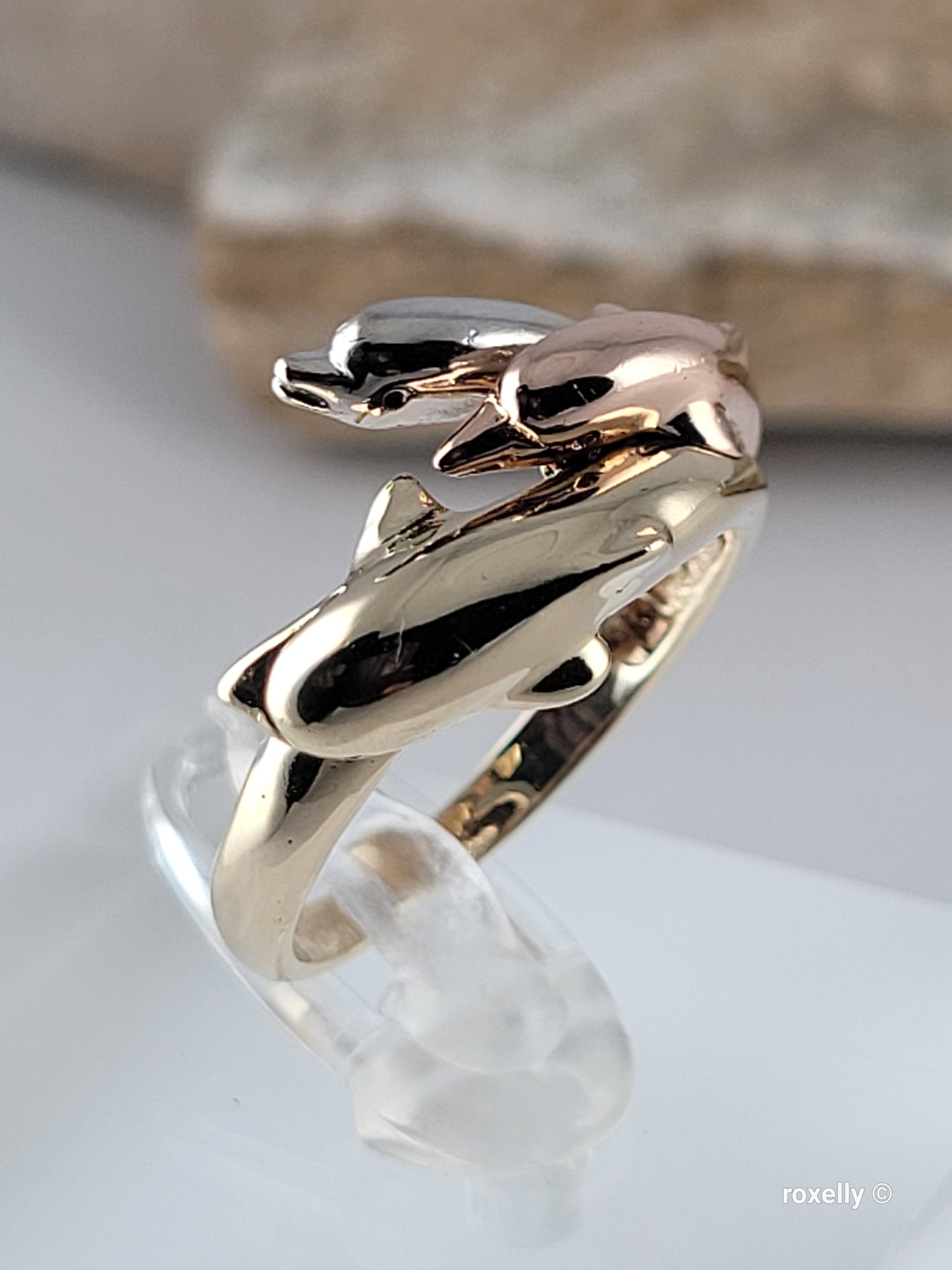 10K Three-Tone Gold Dolphin Design Ring Size 7, Solid Gold