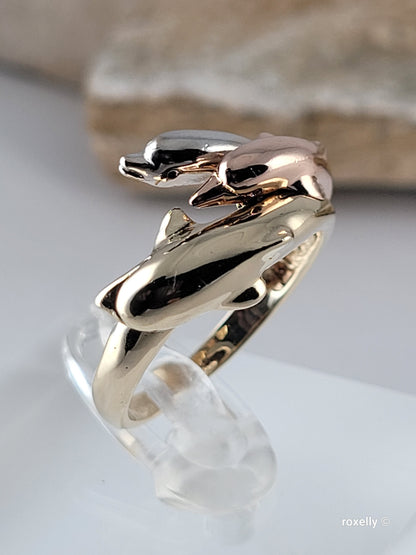10K Three-Tone Gold Dolphin Design Ring Size 7, Solid Gold
