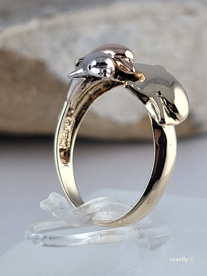 10K Three-Tone Gold Dolphin Design Ring Size 7, Solid Gold