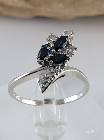 14K White Gold Sapphires and Genuine Diamonds Ring Size 9.25, Solid Gold
