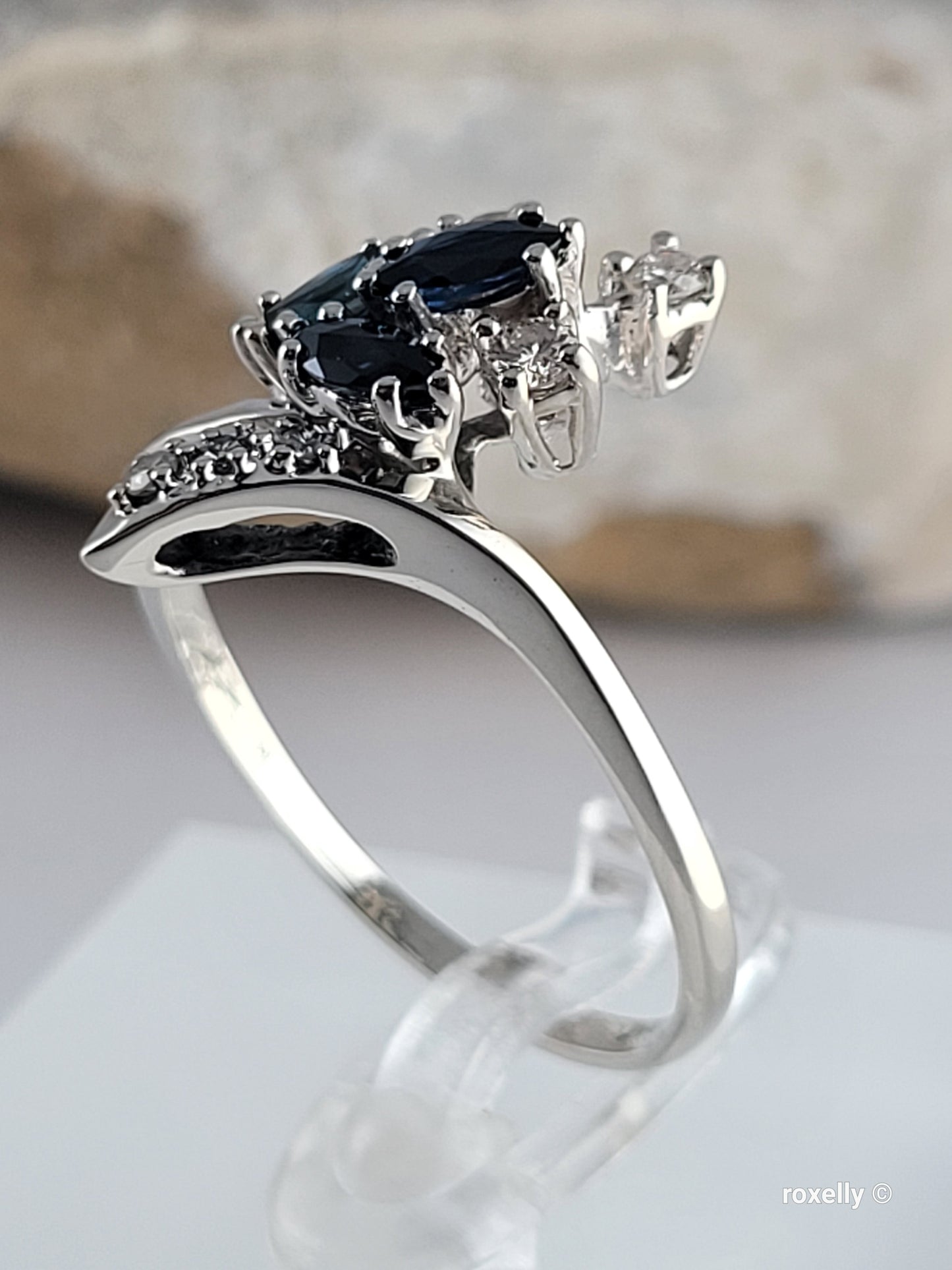 14K White Gold Sapphires and Genuine Diamonds Ring Size 9.25, Solid Gold