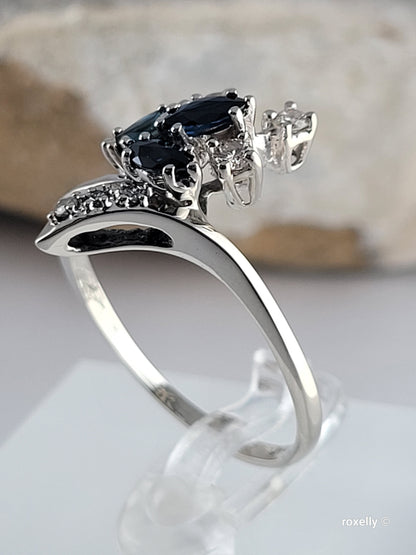 14K White Gold Sapphires and Genuine Diamonds Ring Size 9.25, Solid Gold
